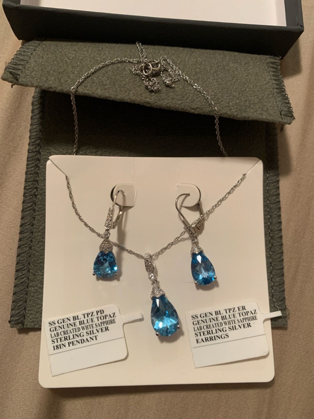 NWT Sterling Silver Blue Topaz & White Sapphire Teardrop Necklace & Earring Set